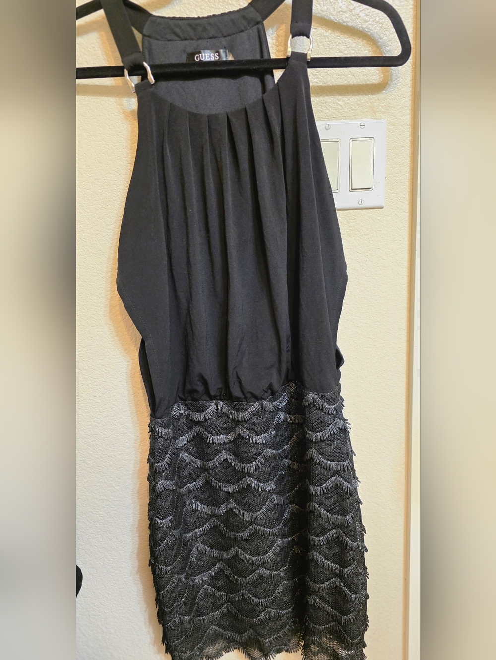 GUESS Black Mini Dress with Scalloped Lace Skirt, EUC